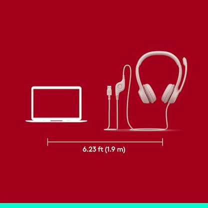 Logitech H390 Wired Headset PC/Laptop Stereo Headphones - Rose | For PC/Laptop, Stereo, USB-A, In-Line Controls, Works with Chromebook - color: Rose, style: USB-A