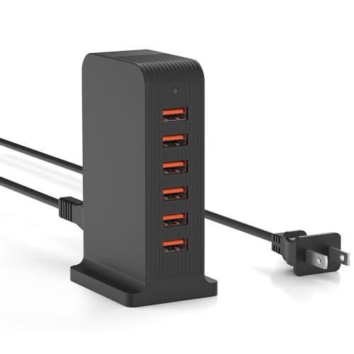 VPSUN USB Charger 6 Port 50W Multi USB Tower Charging Station for Multiple Devices iPhone 15/14/14 Pro/14 Pro Max/13 Pro/13 Pro Max/Android/Samsung/Tablet,etc (Black, 50W) - color: black