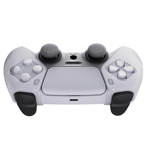 eXtremeRate PlayVital Samurai Edition Clear White Anti-Slip Controller Silicone Skin for ps5, Ergonomic Soft Rubber Protective Case for ps5 Controller with Clear White Thumb Stick Caps - color: Clear White