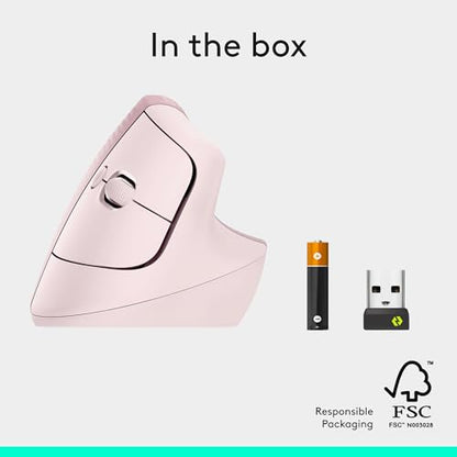 Logitech Lift Vertical Ergonomic Wireless Mouse - Rose | Connect via Bluetooth or included Logi Bolt USB-A receiver, quiet clicks, 4 of 6 buttons customizable, Windows Mac compatible - color: Rose, style: Right-Handed