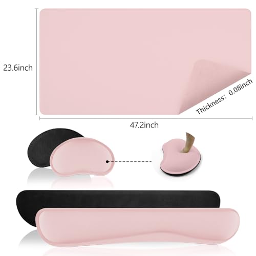 핑크 가죽 책상 패드 및 키보드 손목 받침대, 119.9cm x 59.9cm(47 x 23.6인치) | 3in1 마우스 패드 + 키보드 손목 받침대 + 마우스 손목 받침대, 미끄럼 방지 방수 책상 필기 패드 사무실 및 가정용 - color: 핑크 손목 받침대, size: 47.2" x 23.6"