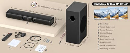 RIOWOIS 3.1ch Sound Bar with 5.25" Wired Subwoofer,Sound Bar for Smart TV | 100W Deep Bass,TV-ARC/Optical/Auxiliary /Bluetooth 5.3, Surround Sound System for TV/PC/Gaming/Projectors - size: 17-inch soundbar with 5.25-inch subwoofer