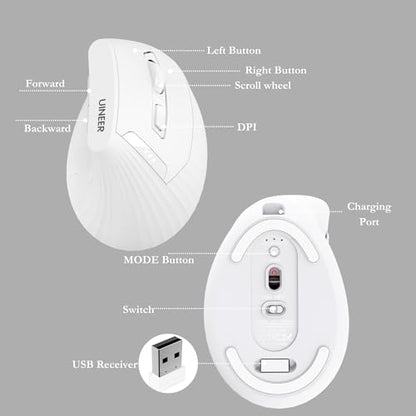 Uineer Vertical Ergonomic Mouse, Wireless Bluetooth Mouse, 3-Device,Quiet | Switch among 3 devices; side scroll wheel supports horizontal navigation for documents and spreadsheets. - color: White