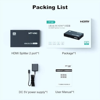 MT-VIKI 1x2 2.0 HDMI Splitter 1 in 2 Out, 4K@60Hz HDMI Duplicator/Distributor HDR Support EDID HDCP 2.2 RGB 4:4:4 18Gbps-Adapter Included (2 Ports) - size: 1x2 4K60