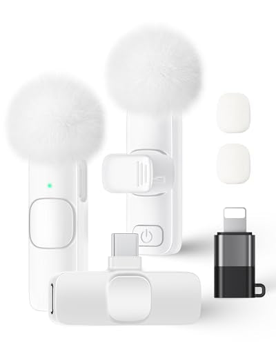 Wireless Lavalier Microphone for iPhone iPad and Android Phone, 2 Pack Lapel Mic Plug and Play Wireless Mic Noise Reduction Microphone for Video Recording Interview Podcast Vlog YouTube (White) - color: White, size: Without Case