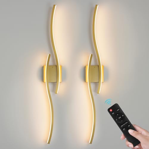 Gold Battery Operated Wall Sconces: 39.3 Inch Rechargeable Wall Sconce Set of 2 with Remote Control/3 Colors/10-100% Dimming/Timer Modern LED Wall Light for Bedroom Living Room Hallway Bathroom, 2 Pcs - color: Gold, size: 39 Inch