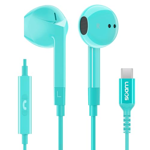 LUDOS FEROX USB C Headphones for iPhone 17 16 15 Pro Max Plus Air iPad Pro, 5 Years Warranty, USB-C Earbuds for Samsung Galaxy S24 S23 Ultra S22 S21 FE S20 Z Flip 3 Fold 4 A53, USB Type C Earphones - color: Turquoise, style: USB-C