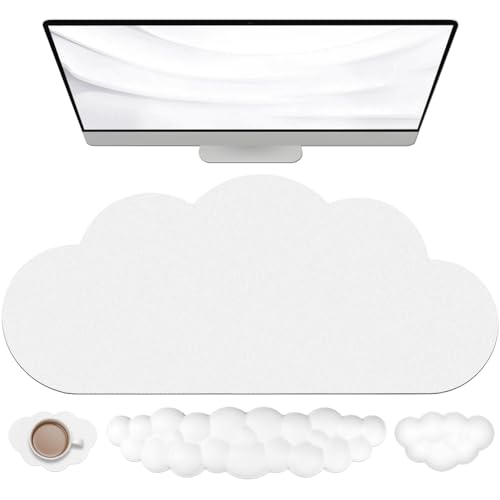 JIKIOU Ergonomic Keyboard Wrist Rest &Large Mouse Pad&Mouse Wrist & Cup Pad | Cute Cloud Shape, 4 in 1 Memory Foam Desk Mat, Ultra-smooth Surface, Savior of Wrist Pain, Anti-slip Rubber Base, Waterproof - color: 02White