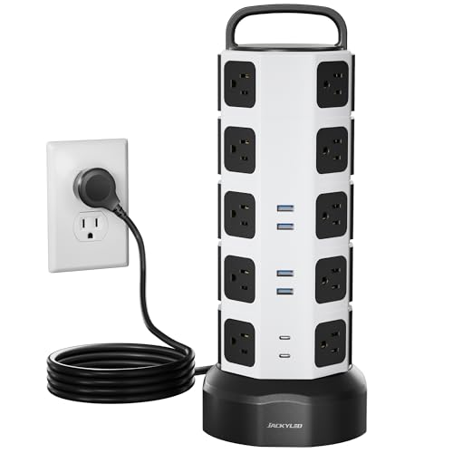 JACKYLED Power Strip Tower Surge Protector, 20 AC 6 USB (2 USB C), 1050J | 6.5Ft Retractable Extension Cord with Multiple Outlets, 1625W/13A Outlet Extender, USB Charging Station for Home Office Dorm - color: White Black