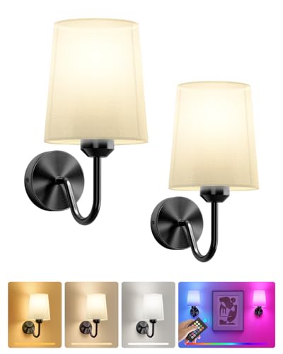 Battery Operated Wall Sconces Set of 2 Wireless Rechargeable Dimmable Wall Light with RGB Bulb and Remote for Bedroom, Living Room, Hallway (Black) - color: Black