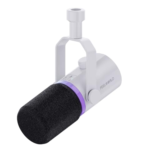 FEELWORLD PM1 XLR USB Dynamic Microphone Gifts for Podcast Recording PC Computer Gaming Live Streaming Vocal Voice-Over, Studio Metal Mic with RGB Light, Mute Button, Headphones Jack (White) - color: White