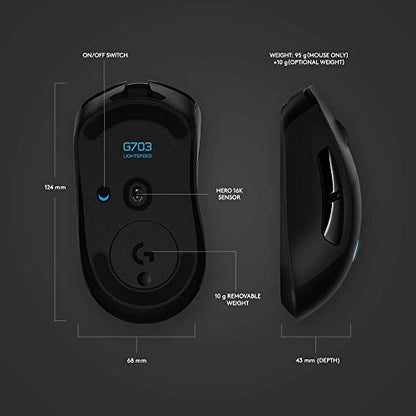 Logitech G703 Lightspeed Wireless Gaming Mouse W/Hero 25K Sensor, PowerPlay Compatible, Lightsync RGB, Lightweight 95G+10G Optional, 100-25, 000 DPI, Rubber Side Grips - Black (Renewed)