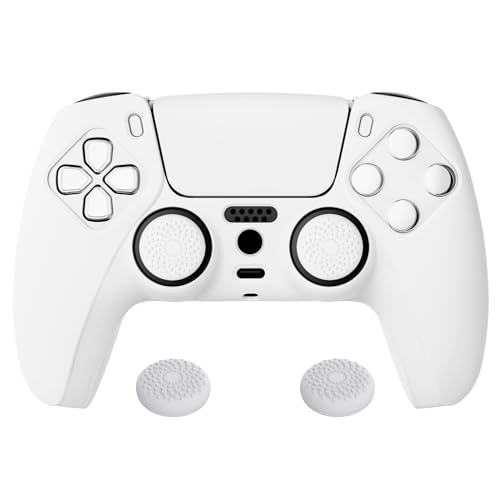PlayVital White Pure Series Anti-Slip Silicone Cover Skin for ps5 Controller, Soft Rubber Case for ps5 Wireless Controller with White Thumb Grip Caps - color: White