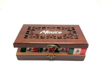 Mexico flag Dominoes Premium Edition Mexican Dominoes Set Deluxe – Double Six Domino Adult Tiles with Mexican Flag Design – Resin & Clear Top Acrylic – Classic Artisan Wooden Storage Case Included