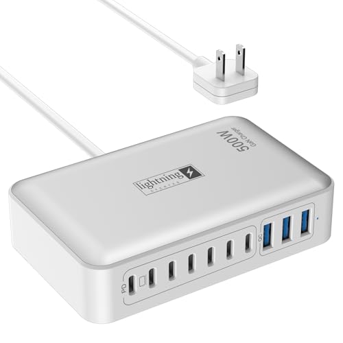 Charging Station for Multiple Devices 500W, 10 Ports Charging Blocks for Laptops/Tablets/Cellphones, 140W Max GaN Charger Super Fast Charging for MacBook, Ipad, iPhone, Power Adapter for Travel - color: Flat Charger 500W White