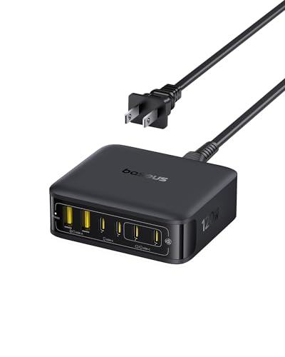 Baseus Charging Station 120W, 6-in-1 USB-C PD Fast Charging Desktop Charger with 5ft Extension Cord, 4 USB C, 2 USB A Ports, Travel Power Strip for iPhone 17/16, iPad Pro, MacBook Pro, Tablet and More