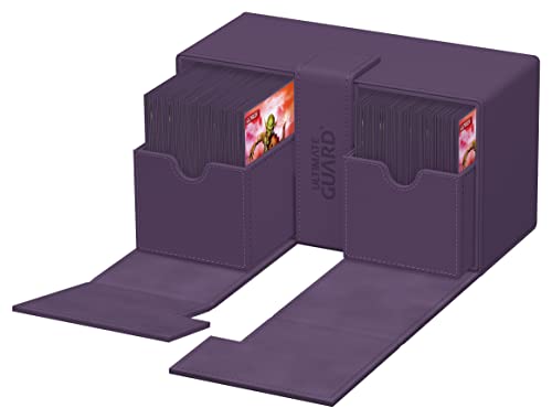 Ultimate Guard Twin Flip'n'Tray 200+, Deck Case for 200 Double-Sleeved TCG Cards + Dice Tray, Purple, Independent Magnetic Closure & Microfiber Inner Lining - color: Purple