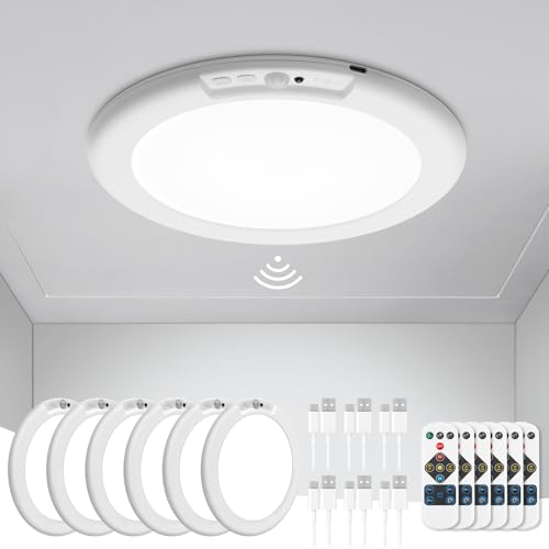 wowatt 6Pcs Battery Operated Ceiling Lights Rechargeable Motion Sensor Light Indoor Wireless Shower Light with Remote 3000K 4500K 6500K 7.48in Dimmable Timing Motion Activated Lamp for Closet Shower - color: Round-3 Changing Color, size: 6 Pack