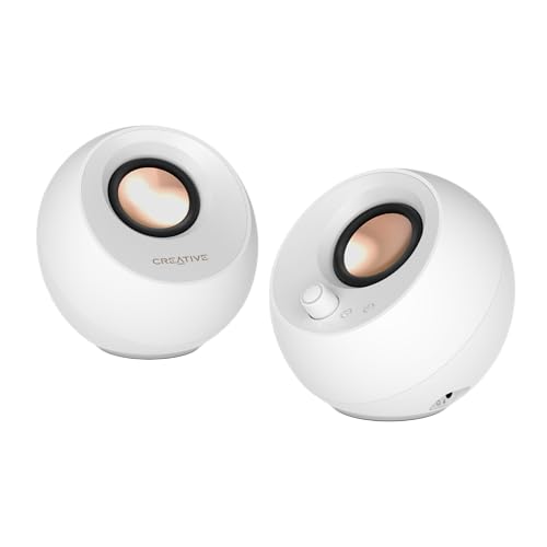 Creative Pebble Pro Minimalist 2.0 USB-C Computer Speakers with Bluetooth 5.3 and Customizable RGB Lighting, Clear Dialog and BassFlex Tech, USB Audio, Headset Port, for PC and Mac (White) - color: White