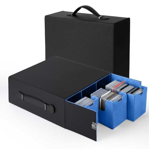 Trading Card Storage Box, 3-Row Deck Case with Handle, 2500+ Card Organizer with 8 Colorful Dividers & 3 Stoppers for MTG TCG PTCG Sports Card, Black & Blue - color: Black & Blue, size: 2500+, with Handle