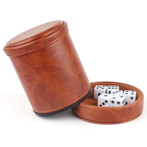 Brown PU Leather Dice Cup with Lid, Velvet Interior Quiet Dice Shaker Cup with 6 Dice for Liars Dice/Farkle/Yahtzee Games, 1 Pack - color: Brown