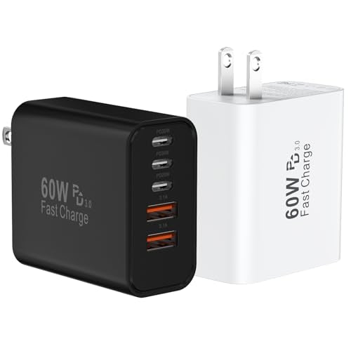 USB C Fast Wall Charger Block, 2Pack 60W USBC Charging Cubes, 5-Port PD+QC Power Adapter Multiport Brick Type C Box Plug for Phone 16/15/14/13/12/11/Pro Max/Plus, Pad Mini/Pro/S25/S24-White+Black - color: Balck+White