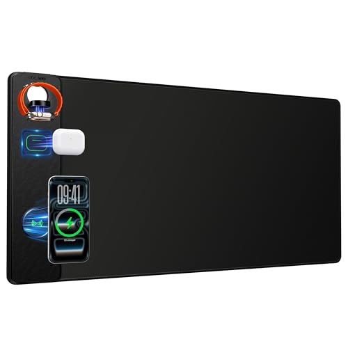 Magnetic Wireless Charging Mouse Pad, 31.5"x15.8" Large Desk Mat | Waterproof Mousepad, Smooth Glide, Stitched Edge, Non-Slip Rubber Base, Desk Pad Computer Keyboard Mat, with Adapter - color: Black-Adatper