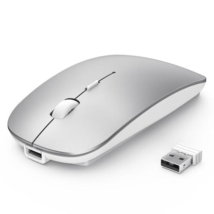 TECKNET Wireless Mouse, 4800 DPI Rechargeable Bluetooth Mouse for Laptop | Bluetooth 5.2/3.0 & 2.4G, Ultra-Thin, 6-Level Adjustable 4800 DPI Computer Mouse for Mac OS, iPad, Windows, Android - color: silver