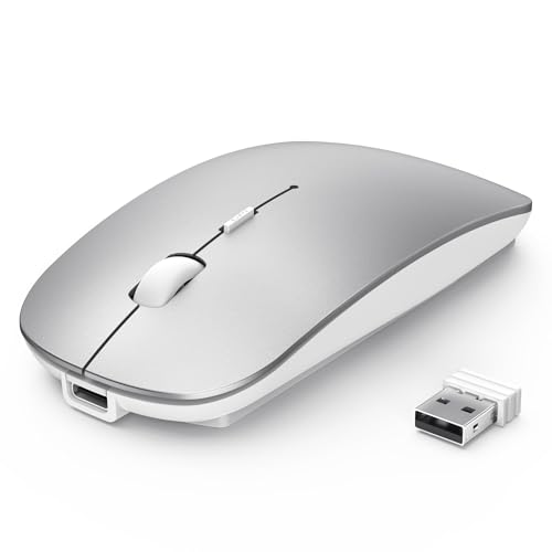 TECKNET Wireless Mouse, 4800 DPI Rechargeable Bluetooth Mouse for Laptop | Bluetooth 5.2/3.0 & 2.4G, Ultra-Thin, 6-Level Adjustable 4800 DPI Computer Mouse for Mac OS, iPad, Windows, Android - color: silver