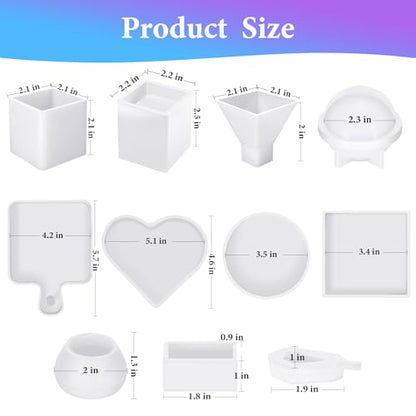 KISREL Resin Molds Kit 12PCS, Epoxy Resin Silicone Molds, Resin Mold Including Cube, Pen Container, Pyramid, Tray, Love, Round, Square, Ball, Flowerpot, Cuboid, Crystal - size: Various Resin Molds - 12pcs