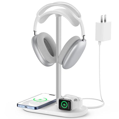 HiWe Headphone Stand, 2-in-1 MagSafe Wireless Charger for iPhone/iWatch | Headset Holder for All Headphones, Aluminum Alloy Bar, ABS Solid Base, PU Headrest, Table Desk Organizer - color: White