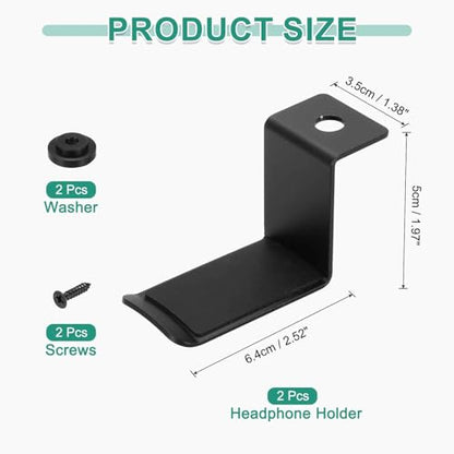 HARFINGTON 2pcs Headphone Holder Stand Aluminum Headset Hook Headphone Clip Under Desk Hanger with Washer and Screws for Bedrooms Study Libraries Offices, Black (5cm) - color: Black