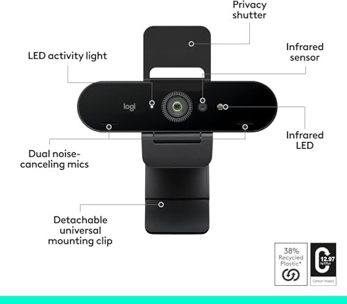 Logitech Brio Ultra 4K HD Webcam for Streaming and Meetings - Black | Ultra HD with glass lens, auto light correction, wide view, works with Windows Hello, certified for Teams, Zoom, Google Meet