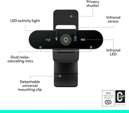 Logitech Brio Ultra 4K HD Webcam for Streaming and Meetings - Black | Ultra HD with glass lens, auto light correction, wide view, works with Windows Hello, certified for Teams, Zoom, Google Meet