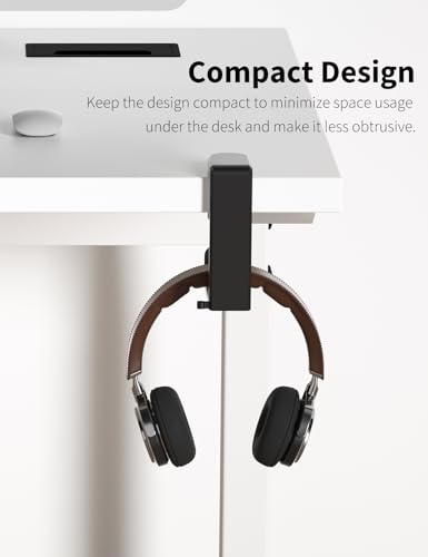 Headphone Hook Under Desk Holder 360-Degree Adjustable Rotation, Black | Fits 0.47-1.57 in desks as headset stand hanger, easy spring clamp, soft rubber pads, built-in loop for cable organizer - color: Black