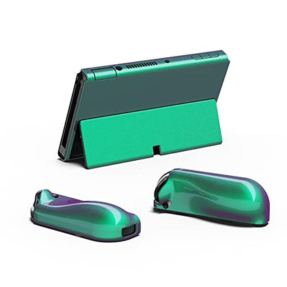 PlayVital AlterGrips Protective Slim Case for Nintendo Switch OLED, Ergonomic Grip Cover for Joycon, Dockable Hard Shell for Switch OLED w/Thumb Grip Caps & Button Caps - color: Glossy Chameleon Green Purple
