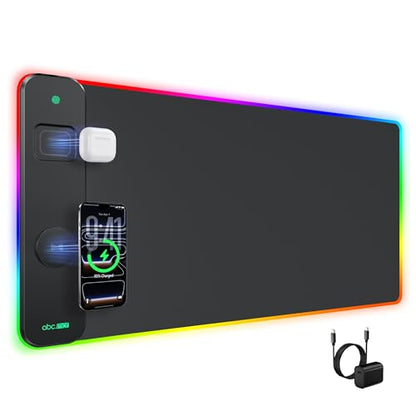 Magnetic Wireless Charging Mouse Pad Gaming, 31.5"x15.8" Large Desk Mat | RGB Mousepad, Smooth Glide, Stitched Edge, Non-Slip Rubber Base, Desk Pad Computer Keyboard Mat, with Adapter - color: RGB-Adatper