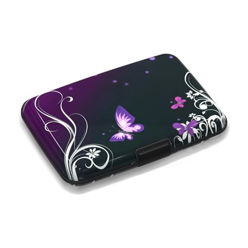 Credit Card Holder Mini, Purple Butterfly RFID Blocking Aluminum Wallet Slim Metal Hard Case Travel Wallet ID Case for Women Men - color: Purple Butterfly