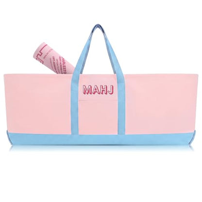 Mahjong Bag for Tiles and Racks Empty American Mahjong Tiles Carrying Tote 31.5 x 12 x 4 Inch Canvas Tile Game Accessory Gift for Pusher Rack Mat Carrying, Case Only (Pink and Blue) - color: Pink and Blue