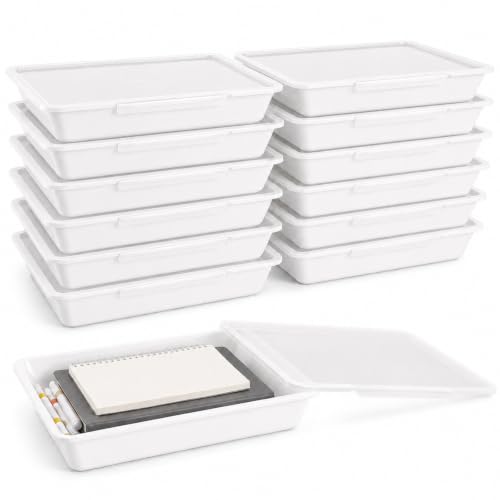 12 Pack Flat Storage Paper Tray with Clear Latching Lid Letter Size Organizer Bin Tray Plastic Latching File Organizer for Classroom Library School Office Teacher Desktop Book Organization (White) - color: White