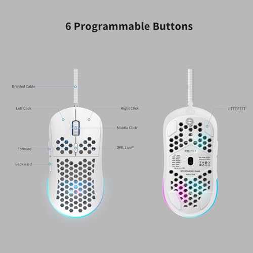 MR.FOX M1 Ultralight Honeycomb Gaming Mouse Wired, 75g Lightweight, 12,800 DPI Optical Sensor, RGB Lighting with Music Sync, 6 Programmable Buttons, Braided Cable, Gaming Mouse for PC/Mac, White - color: White