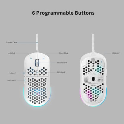 MR.FOX M1 Ultralight Honeycomb Gaming Mouse Wired, 75g Lightweight, 12,800 DPI Optical Sensor, RGB Lighting with Music Sync, 6 Programmable Buttons, Braided Cable, Gaming Mouse for PC/Mac, White - color: White