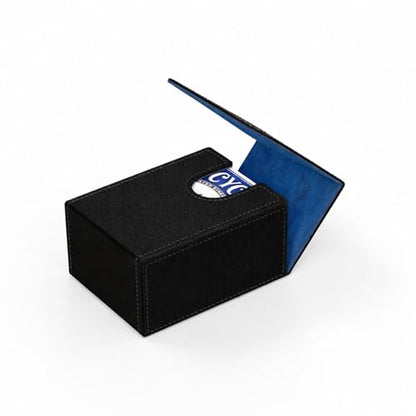 Double Decker Leather Poker Card Case - Holds Two Sets of Poker Size Cards - Premium Dual-Deck Holder with Stylish Design and Secure Closure (Black-Blue) - color: Black-Blue