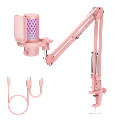 FEELWORLD VM1 Pink USB Gaming Condenser Microphone for pc, Boom Arm Stand | Noise Cancellation, Mute, RGB Light, Gaming Equipemnt, for Gifts YouTube Twitch Podcast Streaming Recording - color: Pink