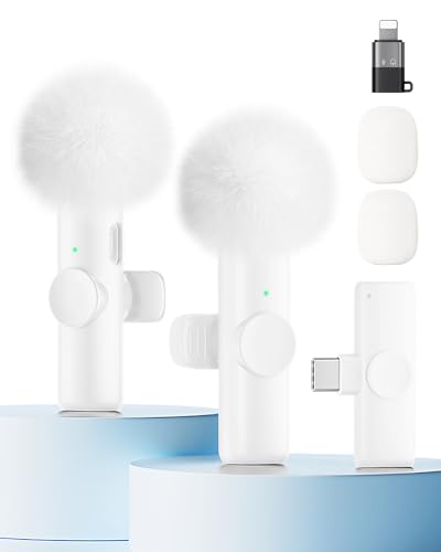 Wireless Microphone for iPhone iPad and Android Phone, 2 Pack Wireless Lavalier Lapel Mic with Noise Reduction, Plug and Play Mini Microphone for Video Recording Interview YouTube TikTok Vlog (White) - color: White, size: Without Case