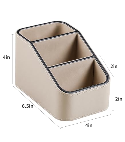 PU Leather Remote Control Holder, Small Desk Organizer Office Supply Bedside Caddy for Nightstand End Table Couch, Pen Remote Organizer with 3 Compartments (Beige) - color: Beige