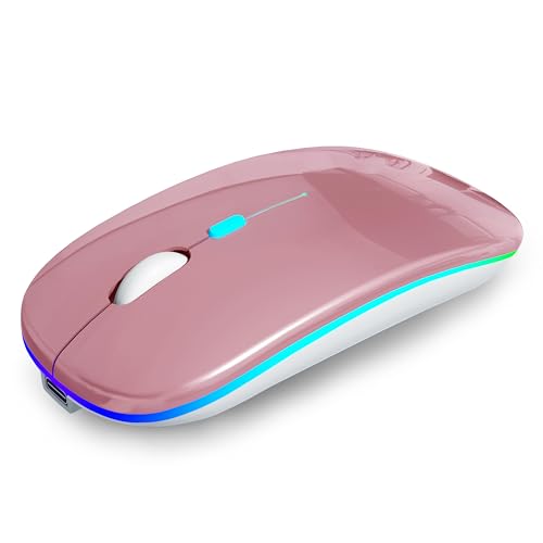 AIKOKOK Wireless Bluetooth Mouse, Rechargeable, Dual Mode Bluetooth 5.2 & 2.4G USB, LED Lights, Slim, Silent, Portable Computer Mouse for Laptop, PC, MacBook, iPad, Tablet (Rose Gold) | BT 5.2 & 2.4G USB Receiver, 3 Adjustable DPI,LED Lights,Slim,Silent,P