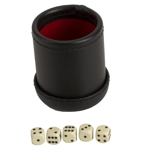 Deluxe Dice Cup Set with 5 Standard Dice – Leather-Style Shaker Cup for Board Games, Poker, Yahtzee & Table Games, 3.25" x 4" Portable Dice Rolling Cup