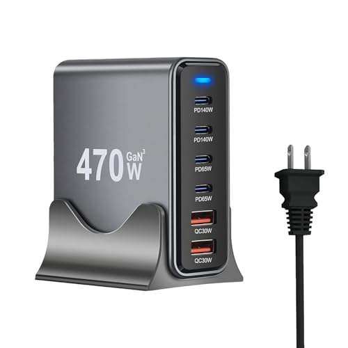 470W USB C Fast Charger Block, 6 Ports GaN III USB Chagring Station, Dual 140W PD PPS HUB for Multiple Devices, Laptop Adapter Compatible with MacBook Pro/Air iPad iPhone Pro Max, Galaxy, Dell, HP - size: 470W-4C2A
