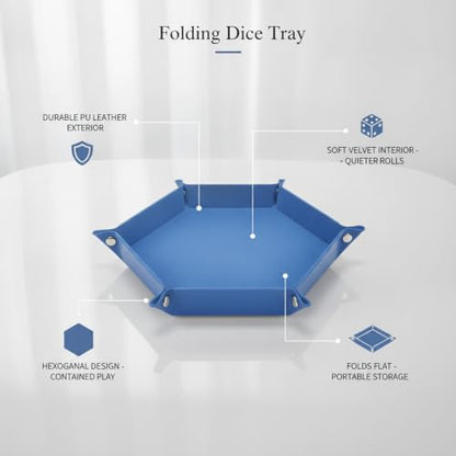 Multipurpose Hexagonal Folding Dice Tray, PU Leather Game Accessory with Velvet Interior for Tabletop Games and Board Games